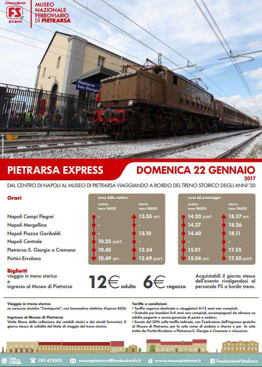 Pietrarsa Express. Domenica 22 Gennaio 2017 dal centro di Napoli al Museo di Pietrarsa viaggiando a bordo del treno storico degli anni ’30