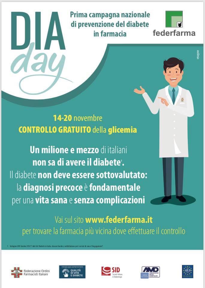 DiaDay, (Giornata Mondiale del Diabete). La prima campagna nazionale per lo screening del diabete in farmacia, dal 14 al 20 novembre 2017