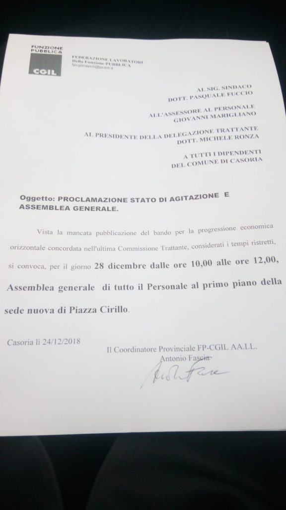 Mancato accordo sulle progressioni economiche: La CGIL proclama lo stato di agitazione per i dipendenti del Comune di Casoria.