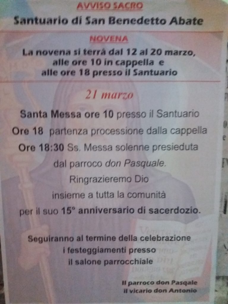 Santuario di San Benedetto Abate. Il 15° Anniversario di sacerdozio del parroco Don Pasquale