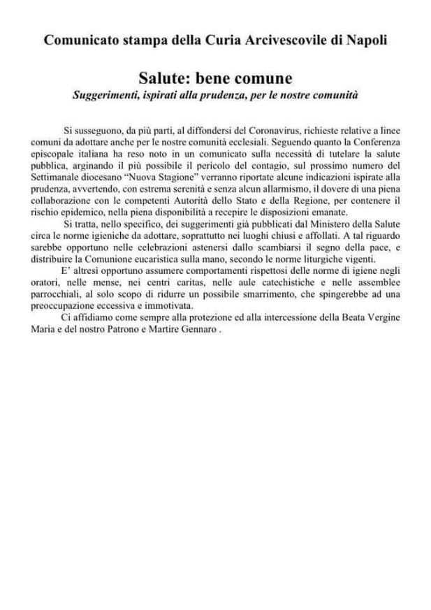 Comunicato stampa della Curia Arcivescovile di Napoli. Coronavirus: Stop alle strette di mano e comunione eucaristica sulla mano!